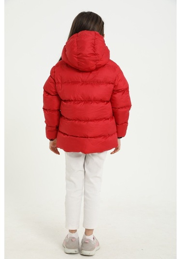 Freemen Kız Çocuk Kırmızı Polarlı Kürklü Kapüşonlu Su Geçirmez Rüzgara Dayanıklı Şişme Kışlık Mont Kırmızı