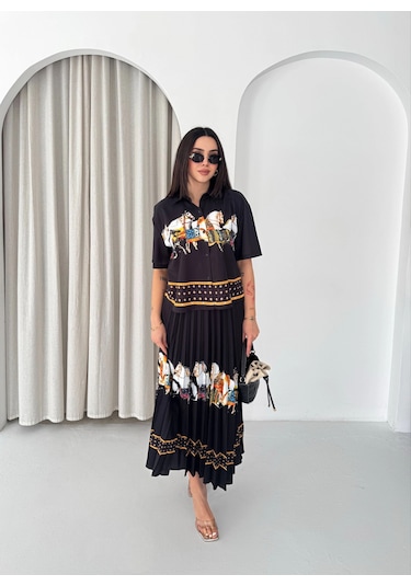 Asprinfashion Plise Etekli Baskılı Bayan Gömlek Etek Takım Siyah
