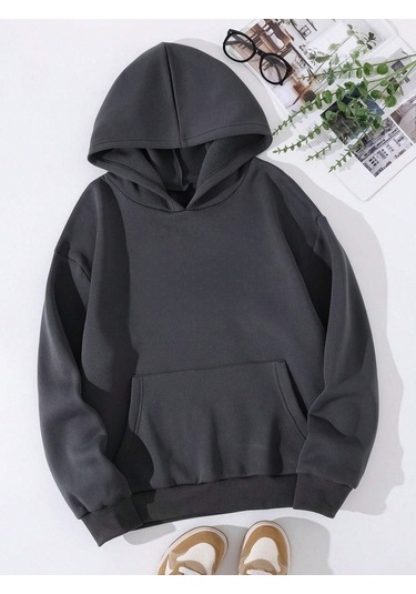 Düz Basic Kalın Kışlık Sweatshirt - Füme Oversize Kapüşonlu Füme