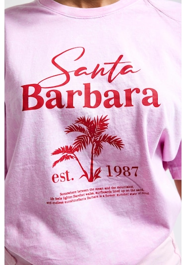 Itsbasic Kadın Pembe S6-98 Oversize Santa Barbara Baskılı %100 Koton T-shirt