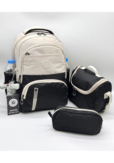 İlk Okul Çantası 3'lü Seti Unisex Çocuk İlkokul Çantası Bvt-8010 Bej-siyah Bej-bg58