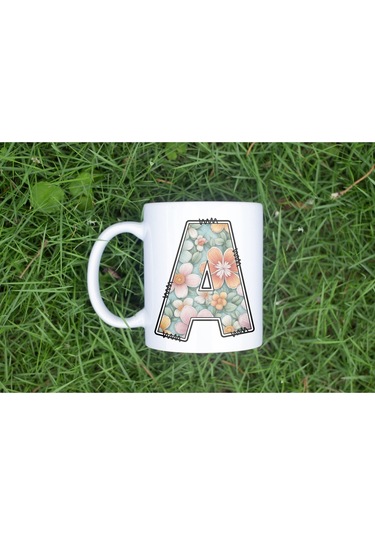 A Harfli Pastel Çiçek Desenli Kahve Kupası - Kişiye Özel Çiçekler Koleksiyonu Bardak - Hediye Beyaz