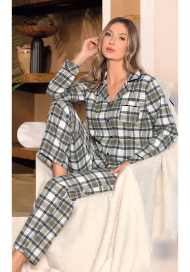 Dowry Boydan Düğmeli Uzun Kol Dokuma Pijama Takımı Ekoseli Haki