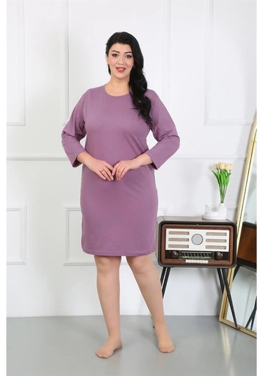 Giyim Kadın Büyük Beden Penye Gecelik Ev Elbisesi Mürdüm Mürdüm