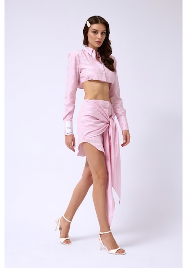 Bağlamalı Çizgili Etek Pembe