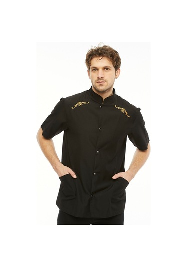 Uniprom Kısa Kollu Aşçı Ceketi Önlük Omuz Nakışlı Cepli Şef, Garson Siyah