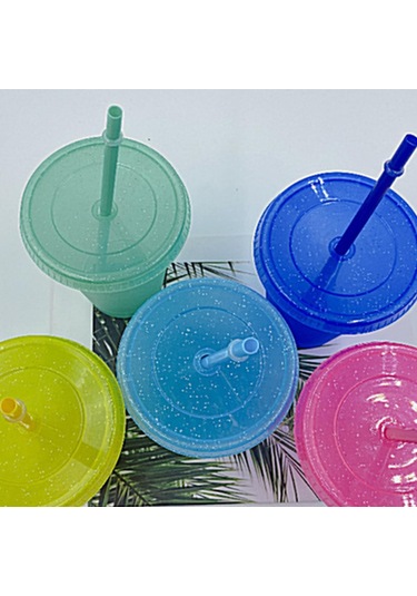 Sones Büyük Yaz Parıltılı Su Bardağı Plastik Buzlu Soğuk İçecek Şişesi Pipetli