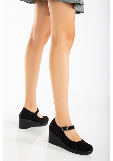 Baretli Suni Deri Siyah Süet Kadın Dolgu Taban Ayakkabı-3104-siyah Desenli Siyah