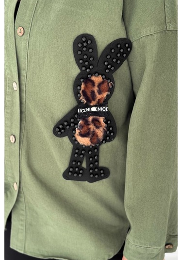 Leopar Ayıcık Armalı Gabardin Kumaş Gömlek Haki Haki