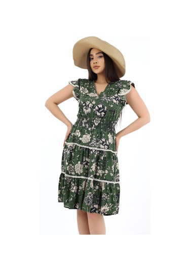 Kadın Viskon Yarım Kol V Yaka Gipeli Elbise Haki Haki