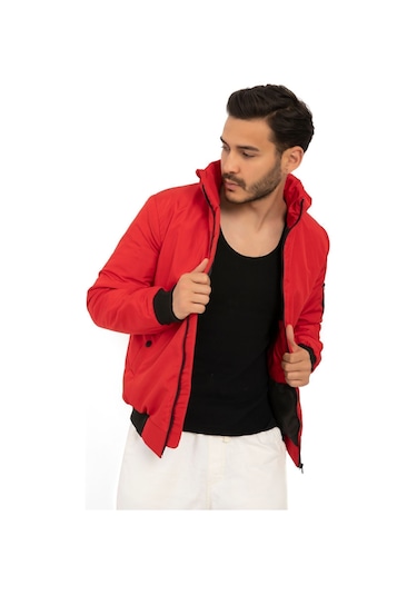 Riverstorm Erkek Kırmızı İçi Astarlı Dik Yaka Mevsimlik Cepli Su Ve Rüzgar Geçirmez Yağmurluk Kırmızı