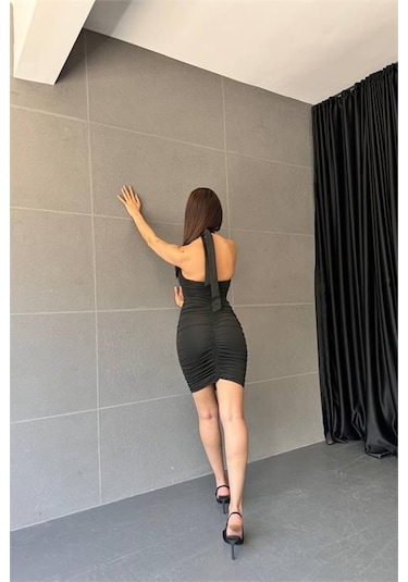 Dip Moda Kadın Boyundan Bağlama Detaylı Mini Elbise Dpnbdf033 Siyah