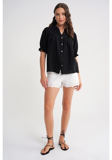 4725 Kadın Büzgü Robalı Kolu Fırfırlı Müslin Gömlek Siyah Siyah