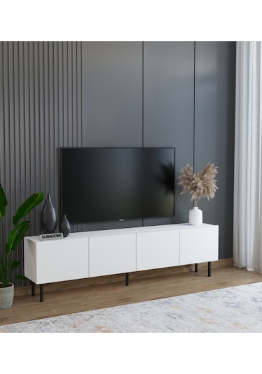 Minimalist 160 Cm Demir Ayaklı Modern Tasarım Beyaz TV Ünitesi