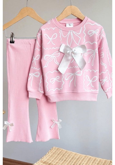 2-8 Yaş Fiyonk Detay Sweat Ve İspanyol Kız Çocuk Takım Pembe Pembe