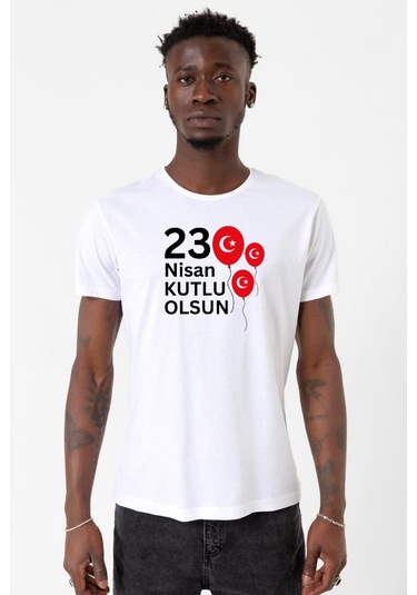 23 Nisan Balon Beyaz Erkek Bisikletyaka Tshirt 001