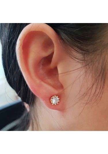 1 Carat Kral Tacı Motifli Gold Tek Taş Bayan Küpe Df09Sr Altın