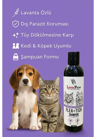 Lion Paw Kedi Köpek Tüy Dökümü Önleyici Bit Pire Parazit Kene Şampuanı 250 ML