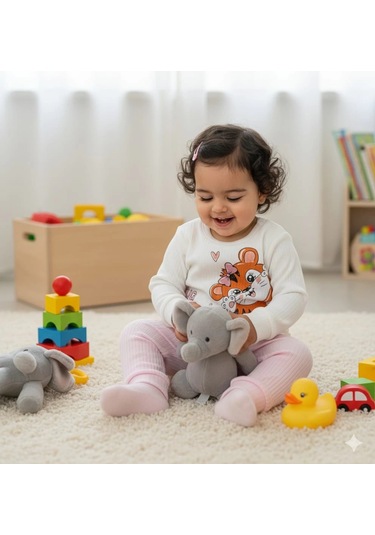 Kız Bebek Kedi Baskılı Çıt Çıtlı Alt Üst İkili Gündelik Takım Pembe