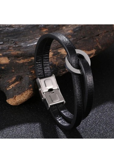 Moda Çift Katmanlı Deri El Bilekliği Erkekler Kadınlar İçin Charm Paslanmaz Çelik Bilezikler Çift Takıları Bileklik Hediye Siyah