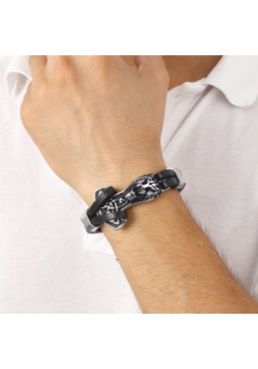 Erkek Çelik ve Deri Bileklik Aslan Ve Çapa Figürlü