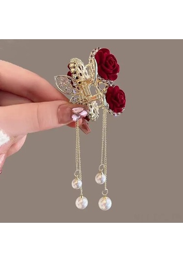 Dofolink Bordo Floklu Gül Ve İmitasyon İpek Tasselli, Taşlı Altın Renkli Saç Klipsi - Günlük Ve Fotoğraf İçin Zengin Retro Stili Çok Renkli