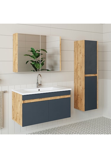 Roomart Lavabolu Atlantik - Antrasit Mdf 85 Cm Banyo Dolabı Takım Atlantik - Antrasit