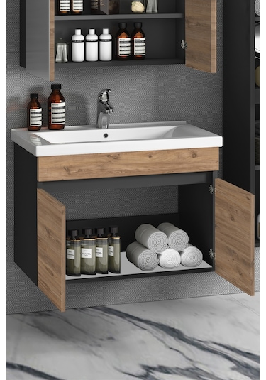 Çiğdem 80 Cm Antrasit Gri Mat-Atlantik Çam Mdf Banyo Alt Dolabı Antrasit - Atlantik Çam