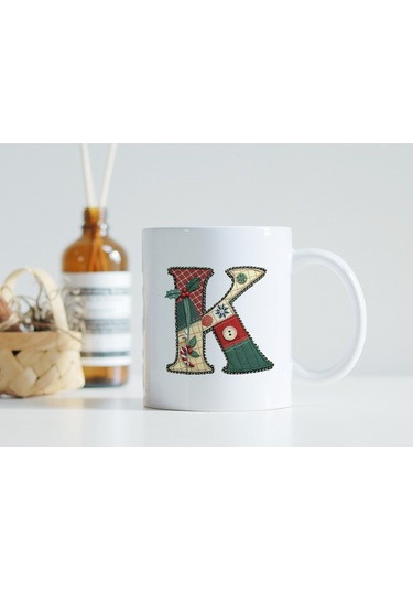 K Harfi Yılbaşı Temalı Kupa Bardak - Yeni Yıl Konsept Yamalı Efekt Tasarım - Noel Hediye Beyaz