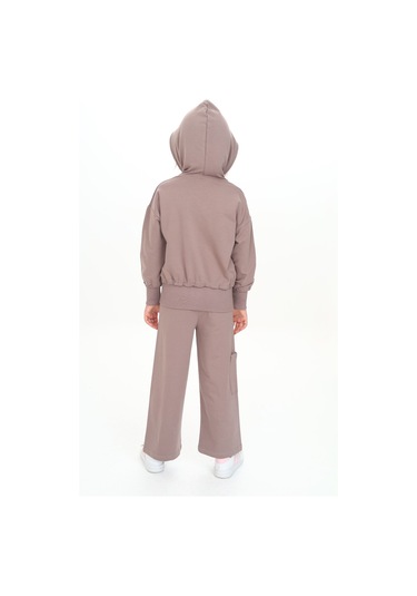 Toontoy Kız Çocuk Kapüşonlu Fermuarlı Fırfır Detaylı Eşofman Takım Kahverengi