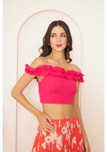 Darlin Moda Pembe Fırfırlı Crop Bluz Dm7002