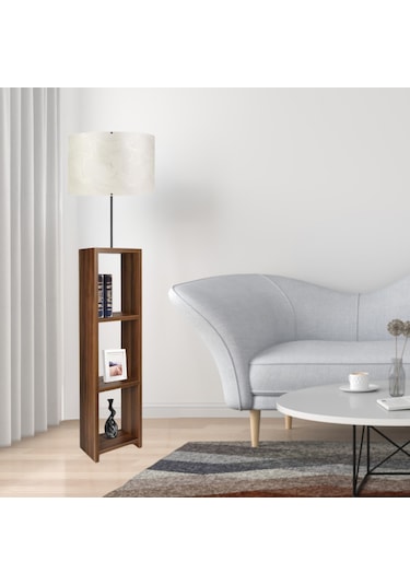 Dekoratif Raflı Ceviz Mdf Lambader Krem Pvc Silindir Başlık Krem