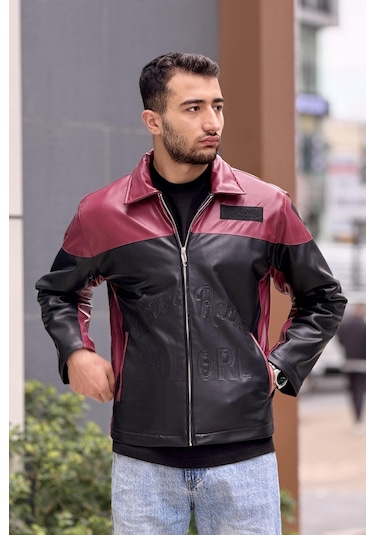 Rocqerx X-2024 Nakış Detaylı İçi Kapitoneli Deri Mont Bordo