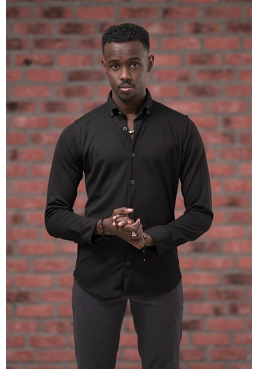 Advante İnce Fitilli Full Likralı Yaka Düğmeli Mevsimlik Slimfit Gömlek Siyah