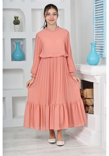 Kız Çocuk Uzun Boydan Pliseli Pamuklu Şifon Uzun Elbise SOMON