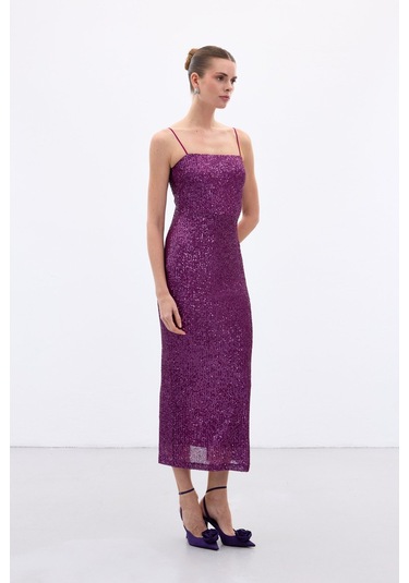 Askılı Uzun Payet Elbise - Mürdüm-136659 Mürdüm