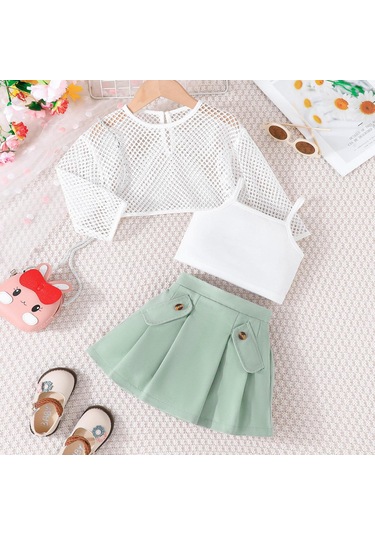 Yeşil Çocuk Giyim Kız Setleri Oymak Üst + Cami Üst + Haki Etekler 3 Adet Yaz Takım Elbise Setleri Kızlar Için 12M-6Y Çocuk Giysileri 12M-6Y Yeşil