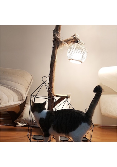 Uzun Ahşap Halatlı 2li Sarı Ledli Lambader Abajur Aplik