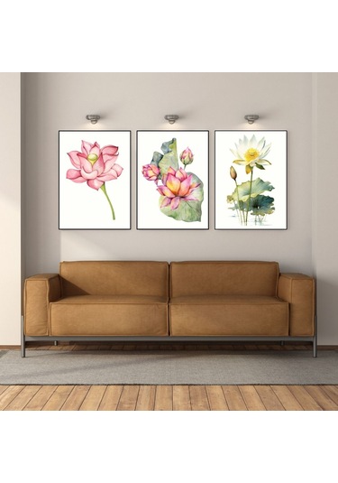 Suluboya Lotus Çiçeği 3'lü Japon Çiçek Çerçevesiz Poster 50 X 70