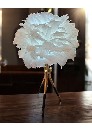 Tüylü Dekoratif Tripotlu 3'lü Ayaklı Abajur - Beyaz Beyaz