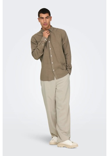 Only & Sons Erkek Onscaiden Slim Fit Keten Gömlek 22012321 Kahverengi Kahverengi