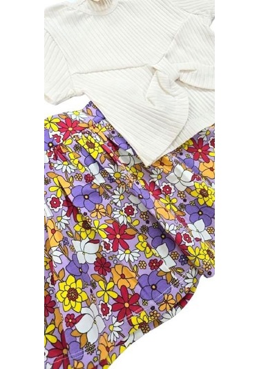 Çiçek Desenli Kız Çocuk Etekli Takım Krem