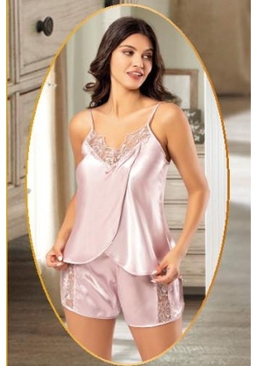 Xses 2165 Kadın Saten Empirme Sabahlıklı 4'lü Pijama Takım-pudra Pudra