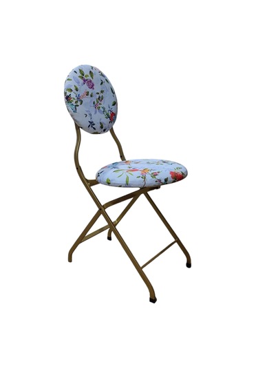 Katlanabilir Beyaz Gül Ve Kuş Desenli Gold Metal Sandalye Altın