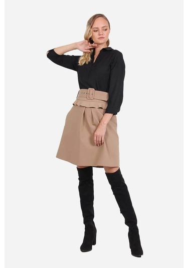 Kadın Yüksek Bel Pileli Etek Frn4050 CAMEL