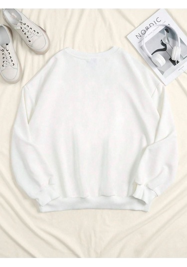 Tokyo 1986 Sweatshirt - Beyaz Baskılı Oversize Bisiklet Yaka Beyaz