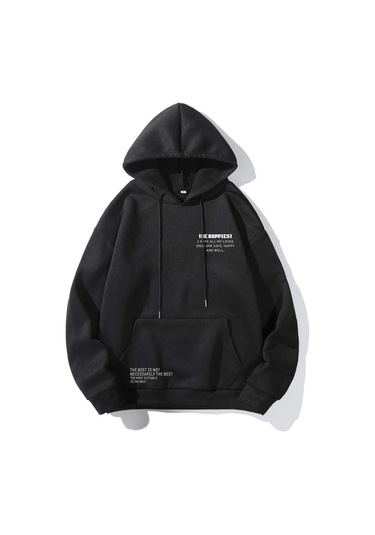 The Happiest Sweatshirt - Siyah Baskılı Oversize Kapüşonlu Siyah