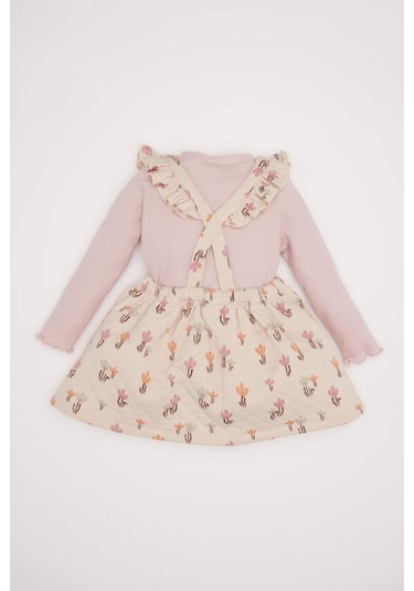 DeFacto Kız Bebek 2'li Takım Çiçekli Fitilli Kaşkorse Elbise Basic Düz Uzun Kollu Tişört D7252A524WNER120 Ekru