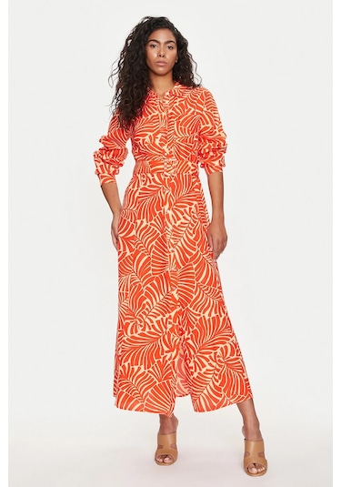 Only Kadın Onlcallıe Desenli Beli Kemerli Uzun Keten Elbise 15318799 Turuncu