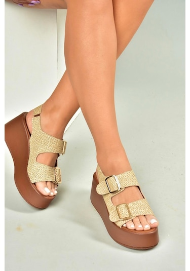 Fox Shoes U946418517 Bej Hasır Dolgu Topuklu Kadın Ayakkabı Bej-hasır